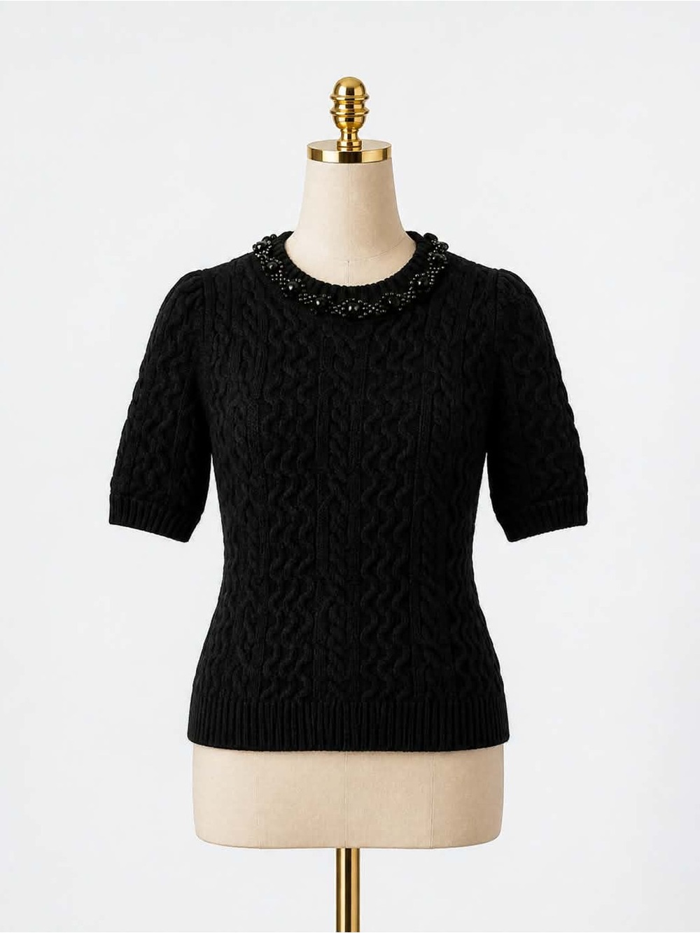 Zara Black Beaded-Collar Cable Knit Short-Sleeve Sweater